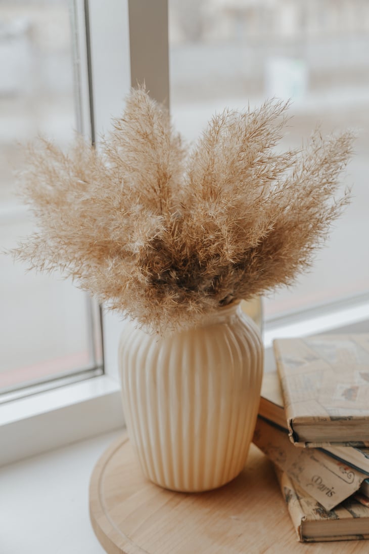 Pampas grass near stack of books